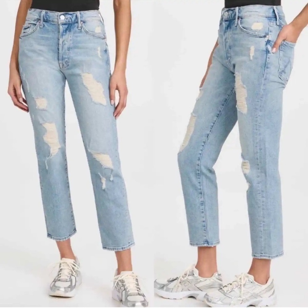 MOTHER Light Blue Distressed Straight-Leg Jeans